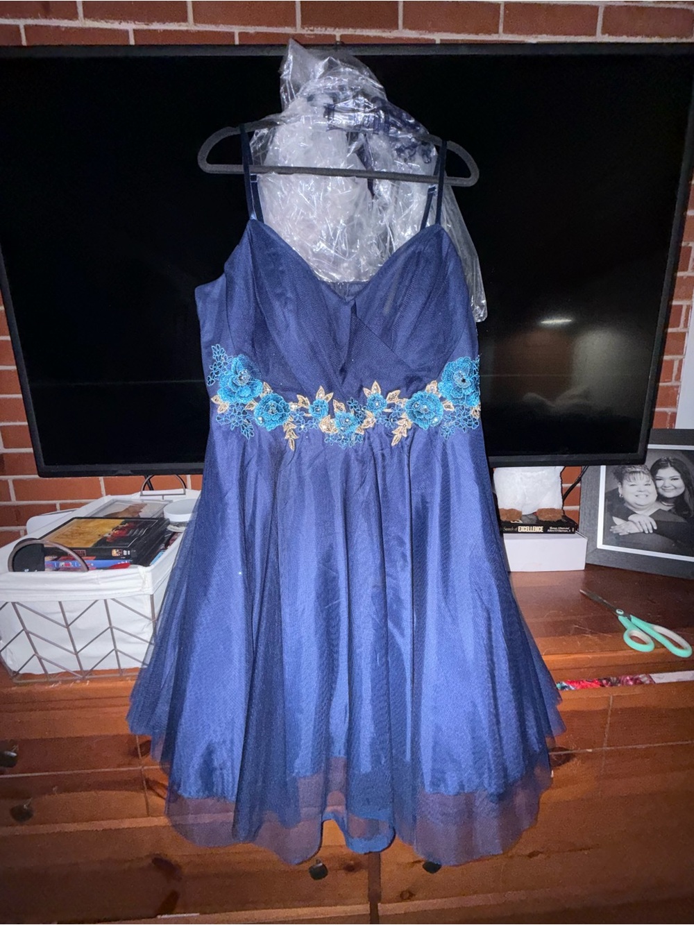 Teeze Me Navy Blue Spaghetti Strap Party Dress with Turquoise Floral Waist